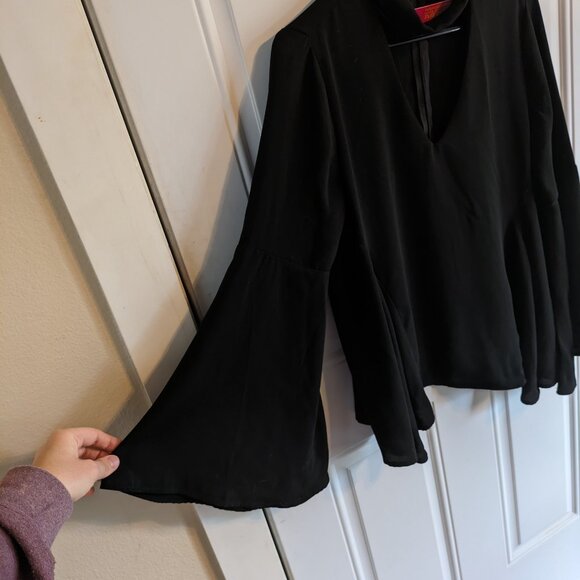 Catherine Malandrino Flowy Black High Neck V-Neck Blouse Bell Sleeves Peplum Sm - Picture 4 of 9